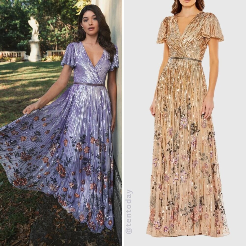 Mac Duggal 5637 Size 4 Gold Copper Floral Sequin Beaded‎ Long Gown Maxi Dress
